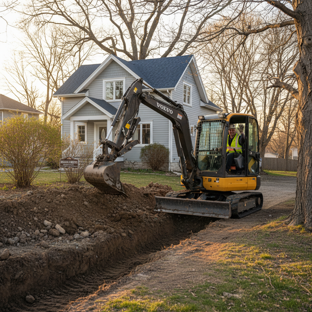 Mini excavator rental for trenching and drainage work